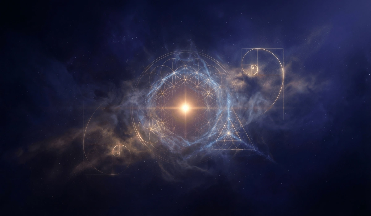 Ancient Pythagorean Monad concept showing a single point of light evolving into sacred geometry patterns representing the origin of angel numbers.