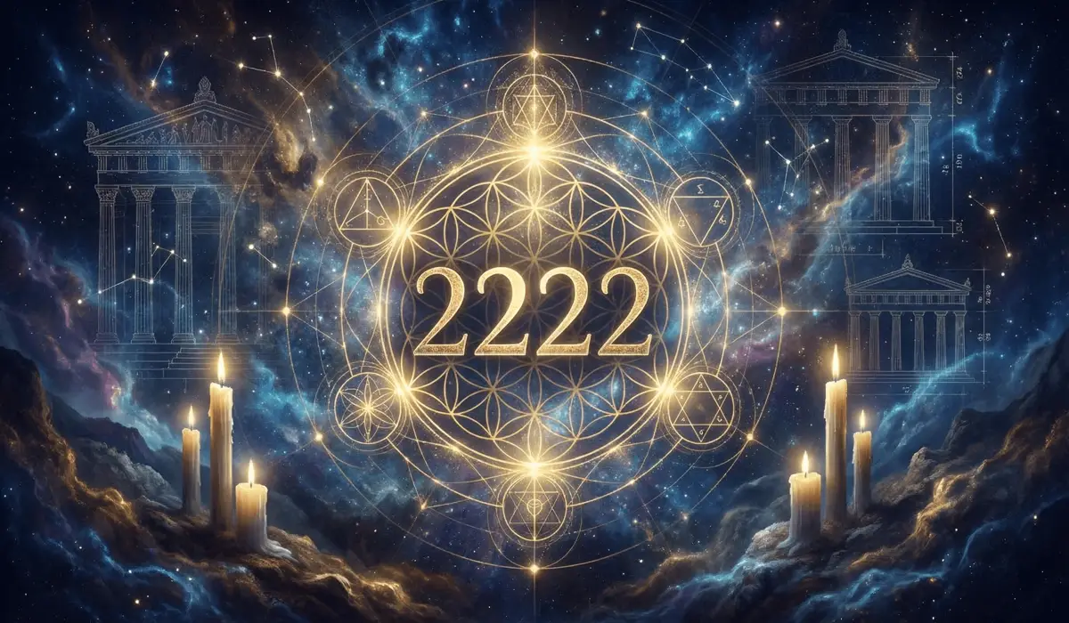Ancient origins of angel number 2222 featuring Pythagorean sacred geometry and celestial constellations in a cosmic setting.