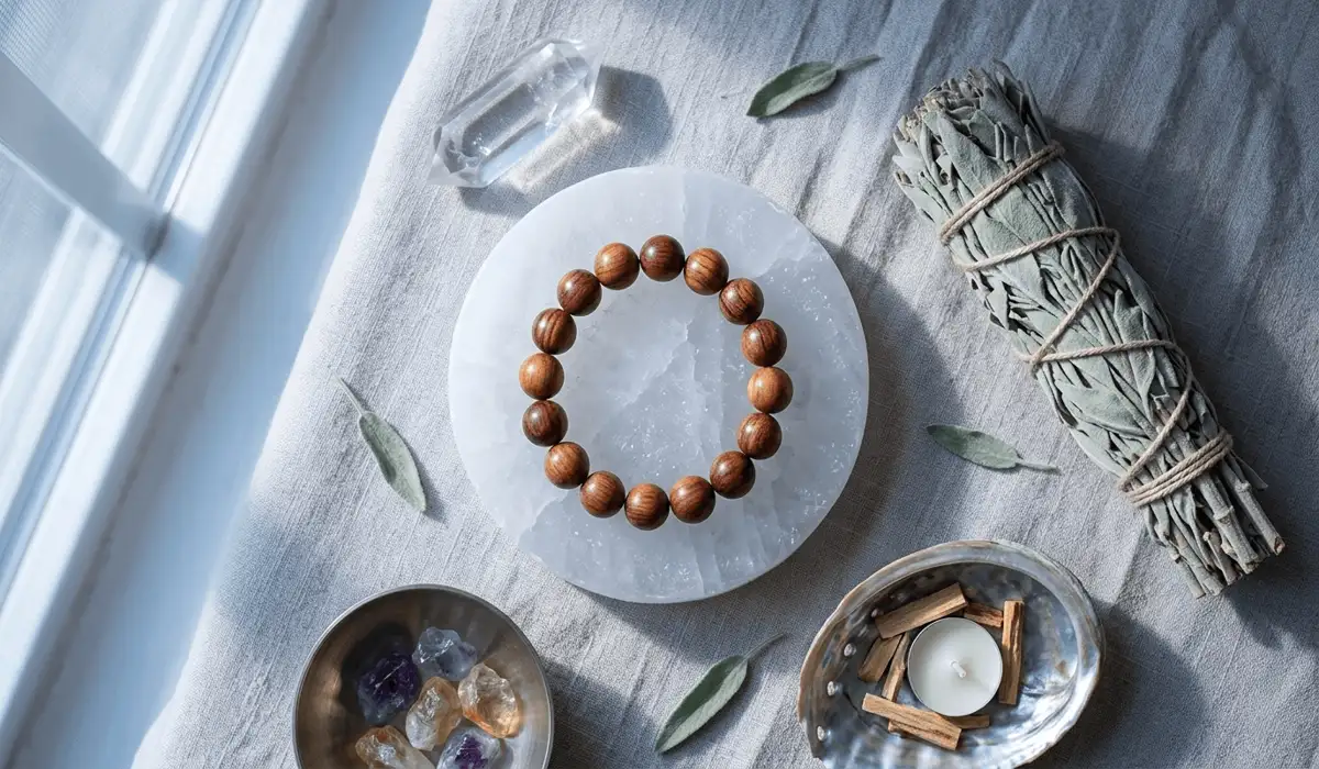 Rosewood bracelet on a Selenite charging plate with sage for spiritual cleansing and negative energy protection.