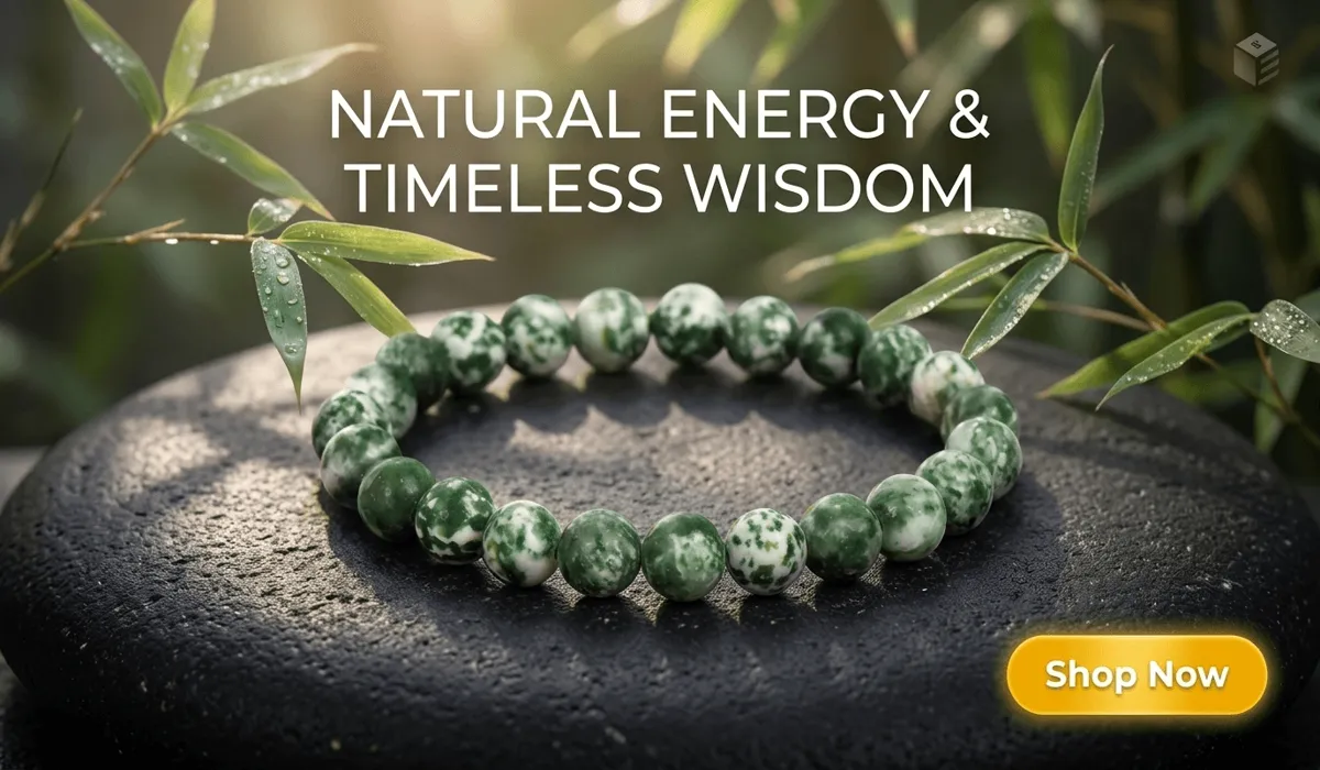 High-end Qinghai Green Beads Bracelet for healing and meditation, featuring green marbled stones in a zen-style setting with a Shop Now button for ecommerce blog.