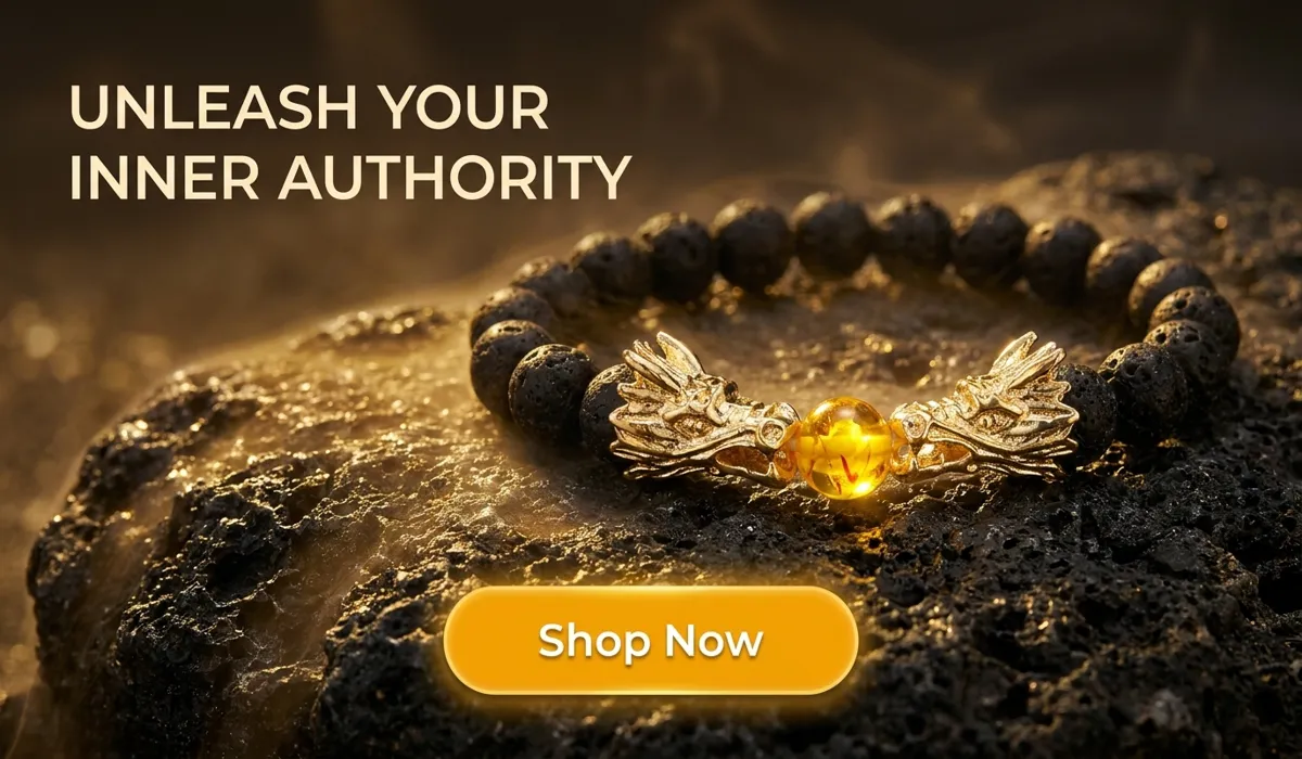 Power-Attracting Double Dragon Head Lava Stone Amber Bracelet for authority and prosperity, featuring black lava beads and golden dragon charms on a luxury dark background with a Shop Now button.