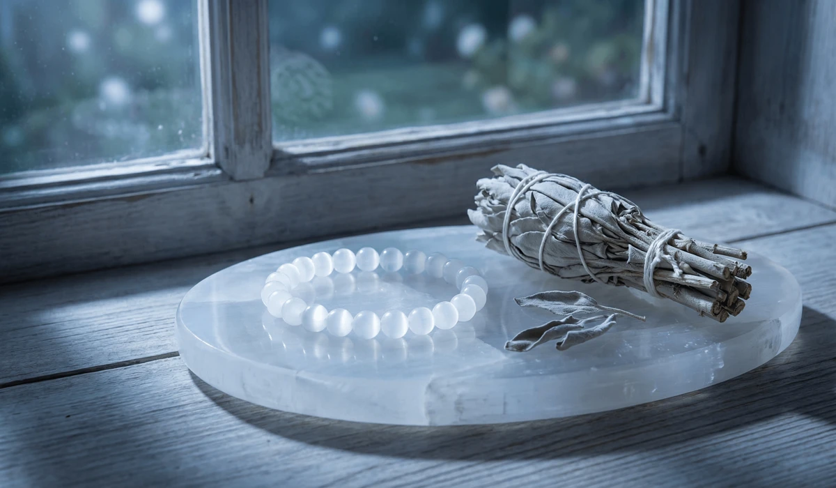 Cleansing a child's protection bracelet using a Selenite crystal and moonlight to refresh its spiritual energy.