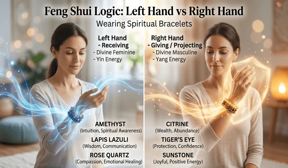 Comparison of wearing spiritual bracelets on the left hand for receiving energy versus the right hand for projecting protection.