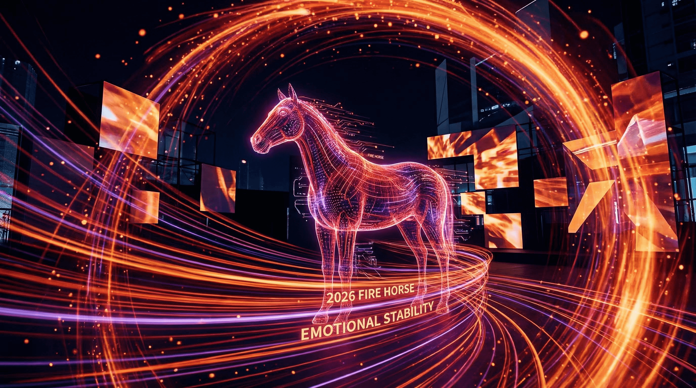 A calm Horse at the center of digital light trails symbolizing Period 9 stability