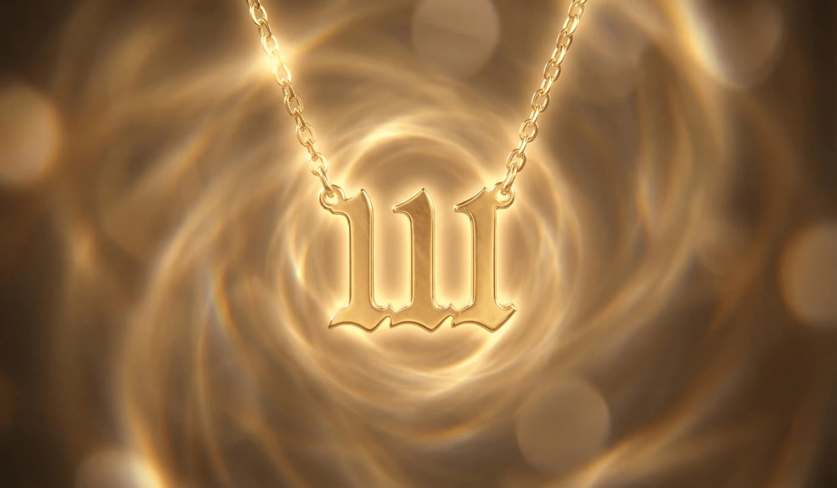 A glowing gold 111 angel number necklace representing energy alignment and the activation of sacred number vibrations.