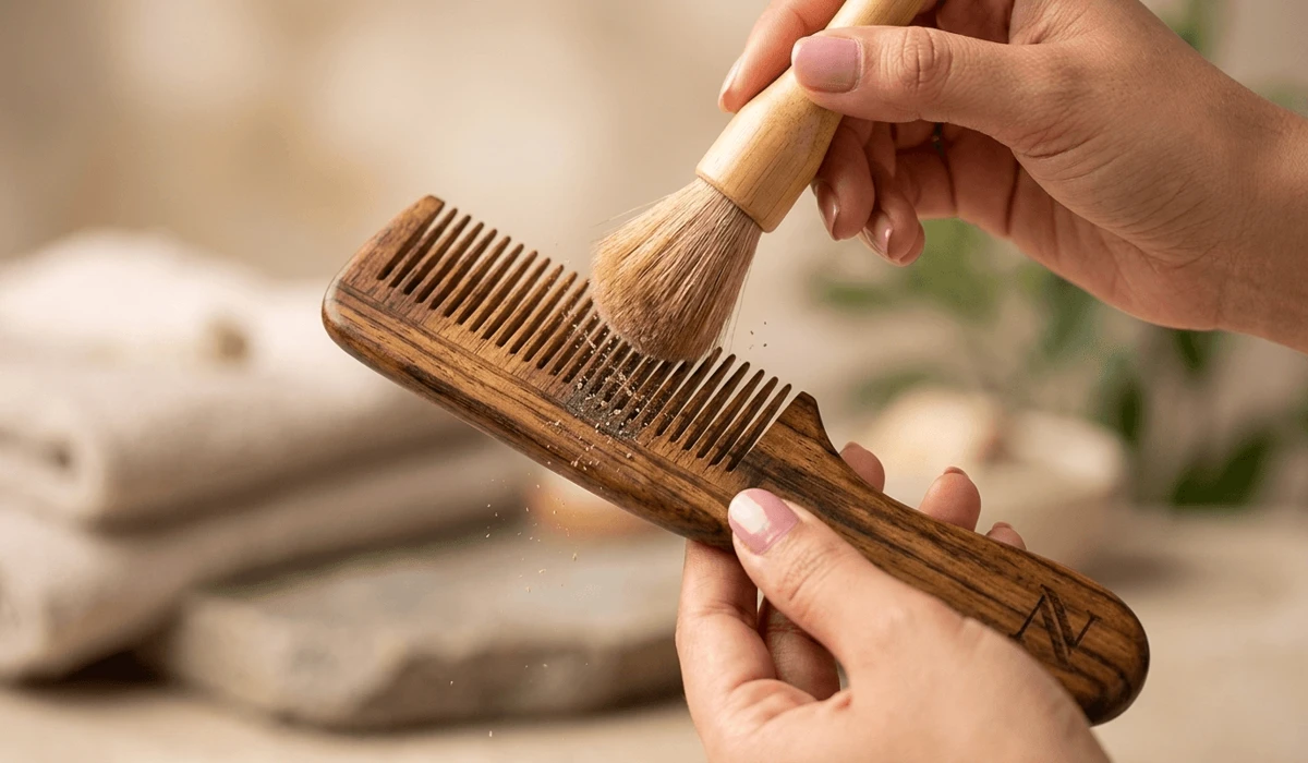 Close-up of cleaning dust and residue from between the teeth of a wooden comb using a soft brush.