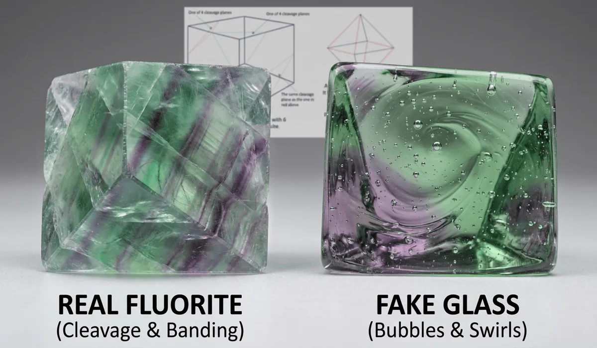 Macro visual comparison showing natural cleavage planes in real fluorite versus artificial round bubbles in fake glass imitations.
