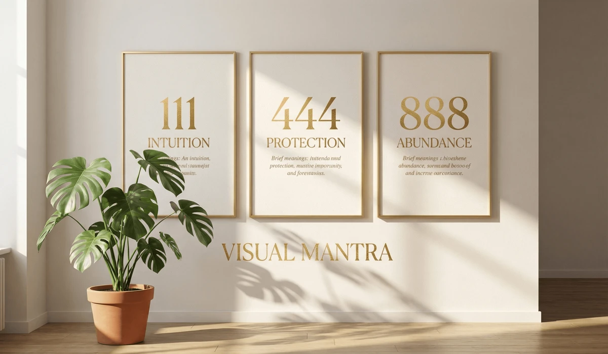 Minimalist angel number wall art prints 111 444 888 in a modern spiritual home interior.
