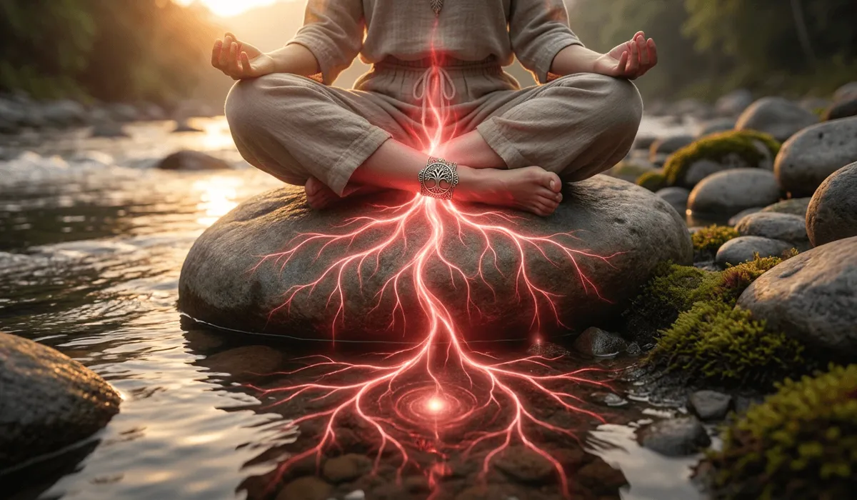 Root chakra energy visual illustrating grounding light connecting from a Tree of Life anklet into the earth