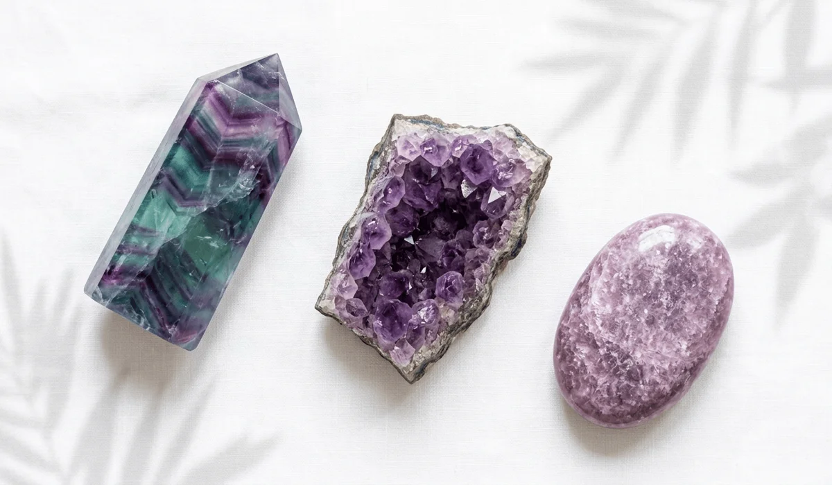 Top-down view comparing a rainbow fluorite crystal tower, raw amethyst cluster, and smooth lepidolite palm stone on white linen.