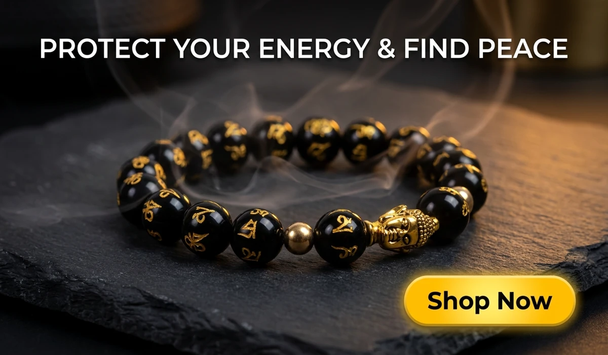 Obsidian Buddha Protection Bracelet featuring black beads with gold Sanskrit engravings and a golden Buddha charm - spiritual jewelry for protection and inner peace.