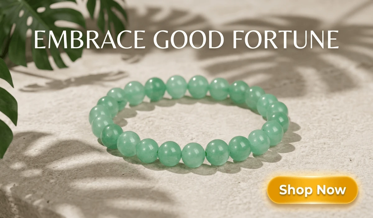 High-end blog illustration of a Green Aventurine Lucky Charm Bracelet on a Zen background with a Shop Now button, highlighting prosperity and natural elegance.