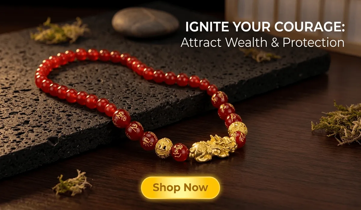 Red Agate Pixiu Fortune Necklace - The Flame of Courage - Feng Shui Wealth Jewelry with Shop Now Button