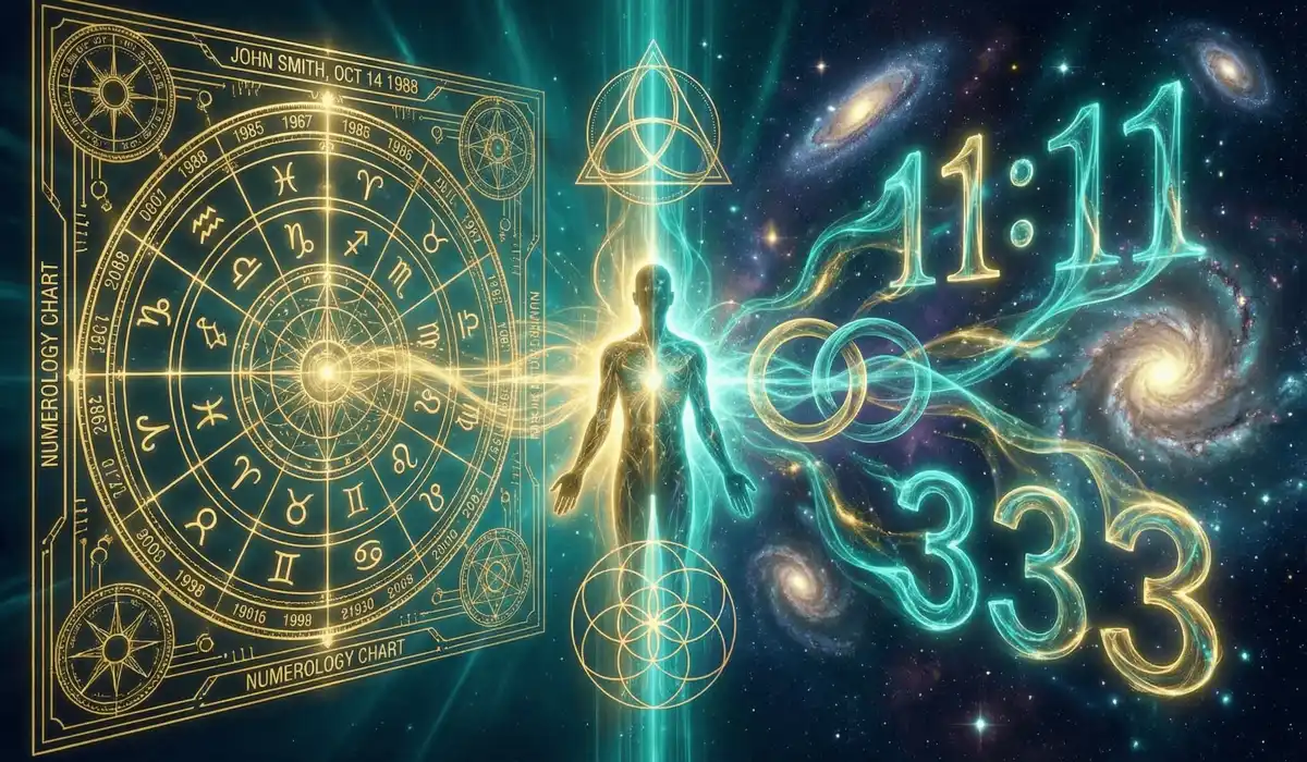 A comparison of fixed numerology blueprints and fluid angel number synchronicities in a cosmic, meditative setting.