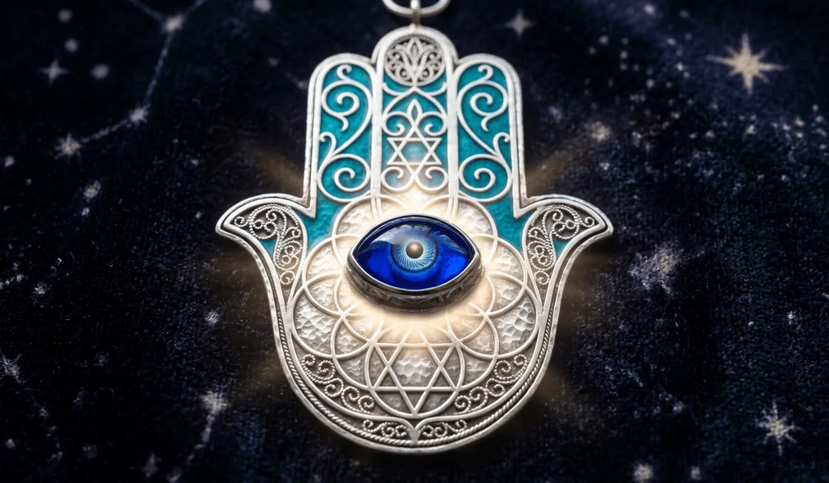 Close-up of an ornate Hamsa Hand with the Eye of Providence and turquoise protective stones.