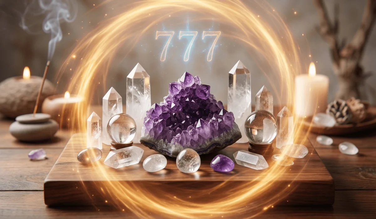 A peaceful meditation setting with crystals and golden energy representing the 777 frequency and a hug from the universe.