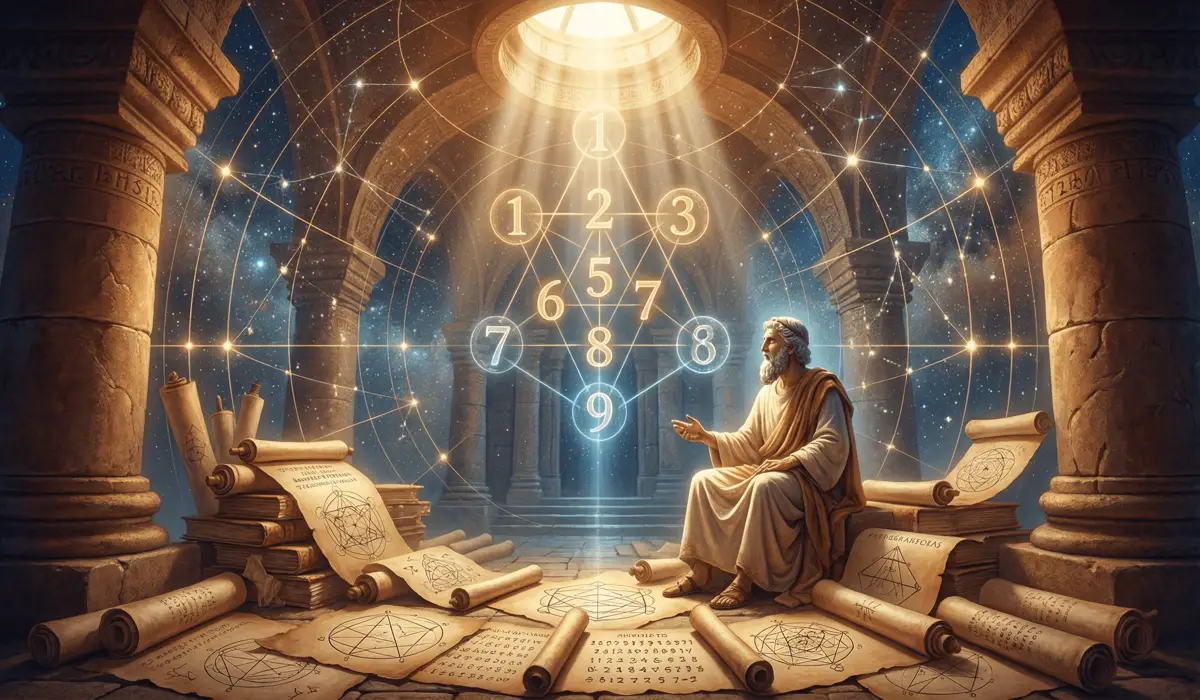 Ancient Pythagorean scholar in a temple surrounded by glowing sacred geometry and numerology symbols representing the architecture of the universe.