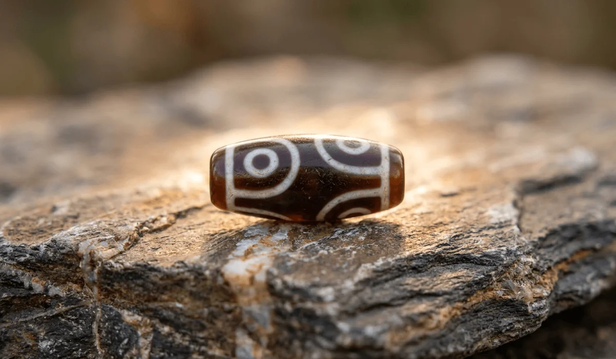 Macro close-up of an authentic Tibetan Dzi agate bead with eye patterns resting on Himalayan stone, illustrating energy sensitivity and physical texture.