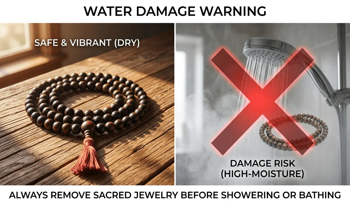 Comparison image showing a wooden mala in a dry setting versus a prohibited bathroom environment to prevent water damage.