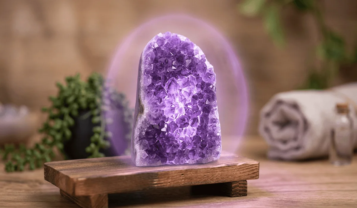 High-quality macro shot of a raw purple amethyst geode representing tranquility and holistic healing properties for stress relief.