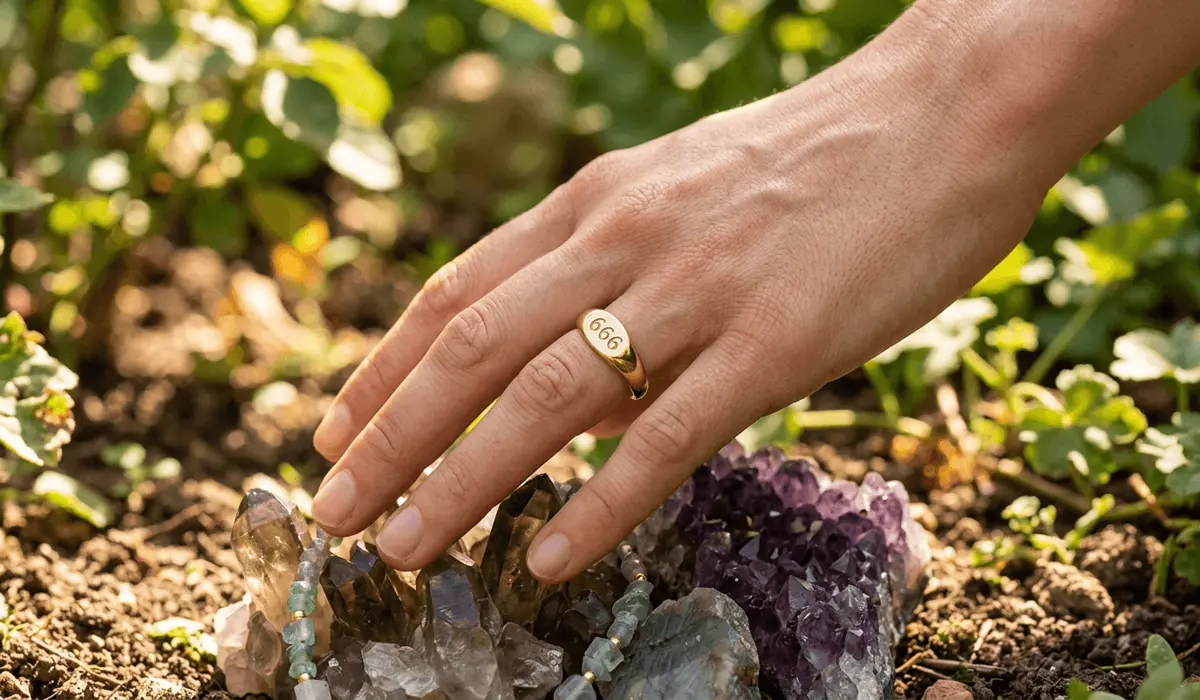 Minimalist 666 spiritual jewelry held near grounding crystals to symbolize reclaiming personal truth and sovereignty.