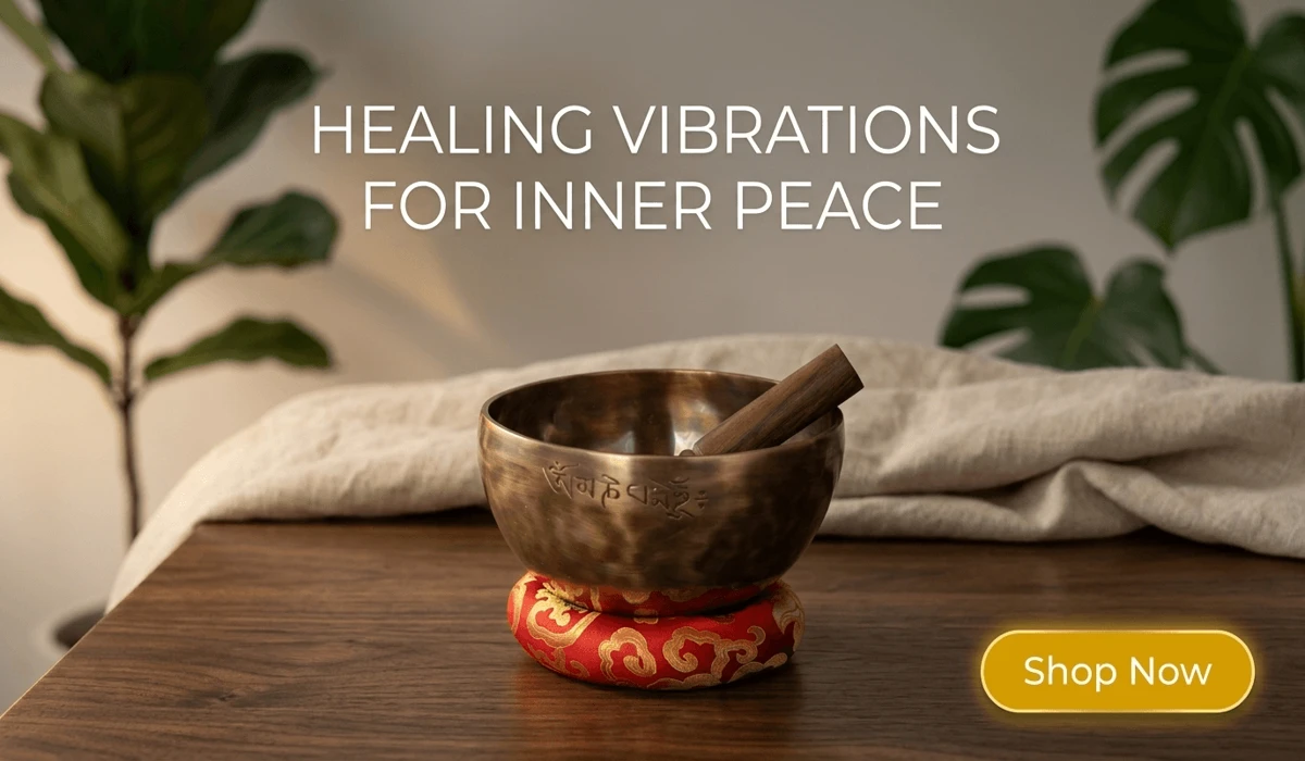 Handmade Nepalese Full Moon Singing Bowl for sound healing and meditation, featuring traditional carvings and a red silk cushion in a serene Zen setting with a Shop Now call to action.