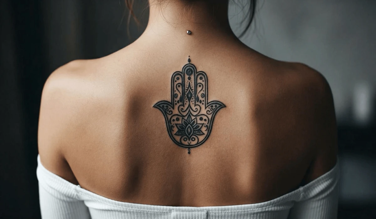 Detailed Hamsa Hand tattoo on the upper back, oriented upwards as a spiritual shield for protection and permanent commitment.