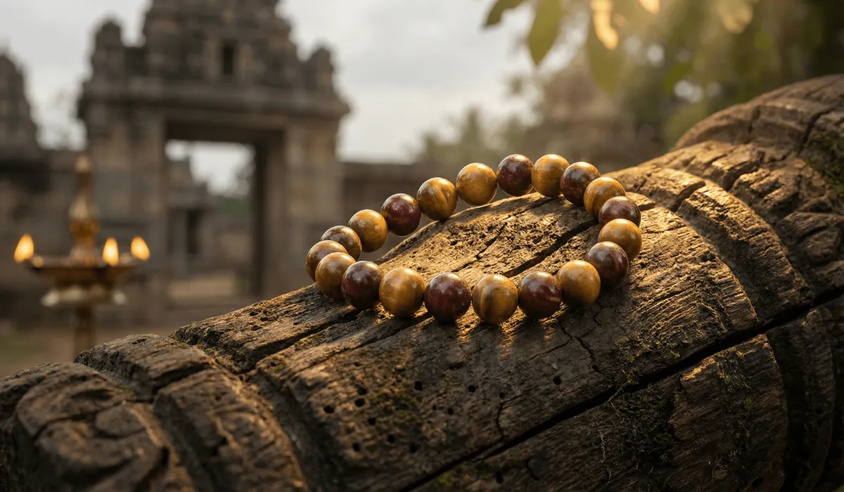 Close-up of a high-quality natural sandalwood bead bracelet resting on authentic Mysore heartwood, symbolizing spiritual origins.