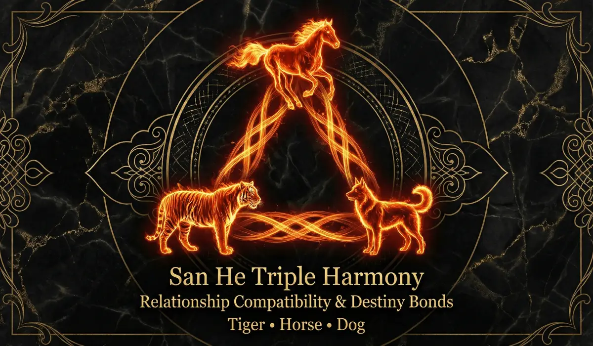 Visual representation of the San He Triple Harmony group featuring the Tiger, Horse, and Dog signs.