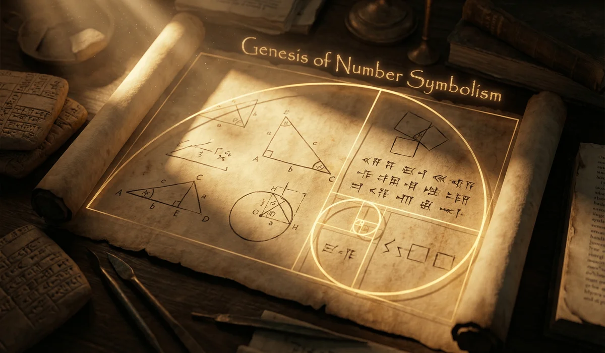 Ancient Pythagorean and Chaldean numerology symbols on parchment representing the historical origins of number symbolism.