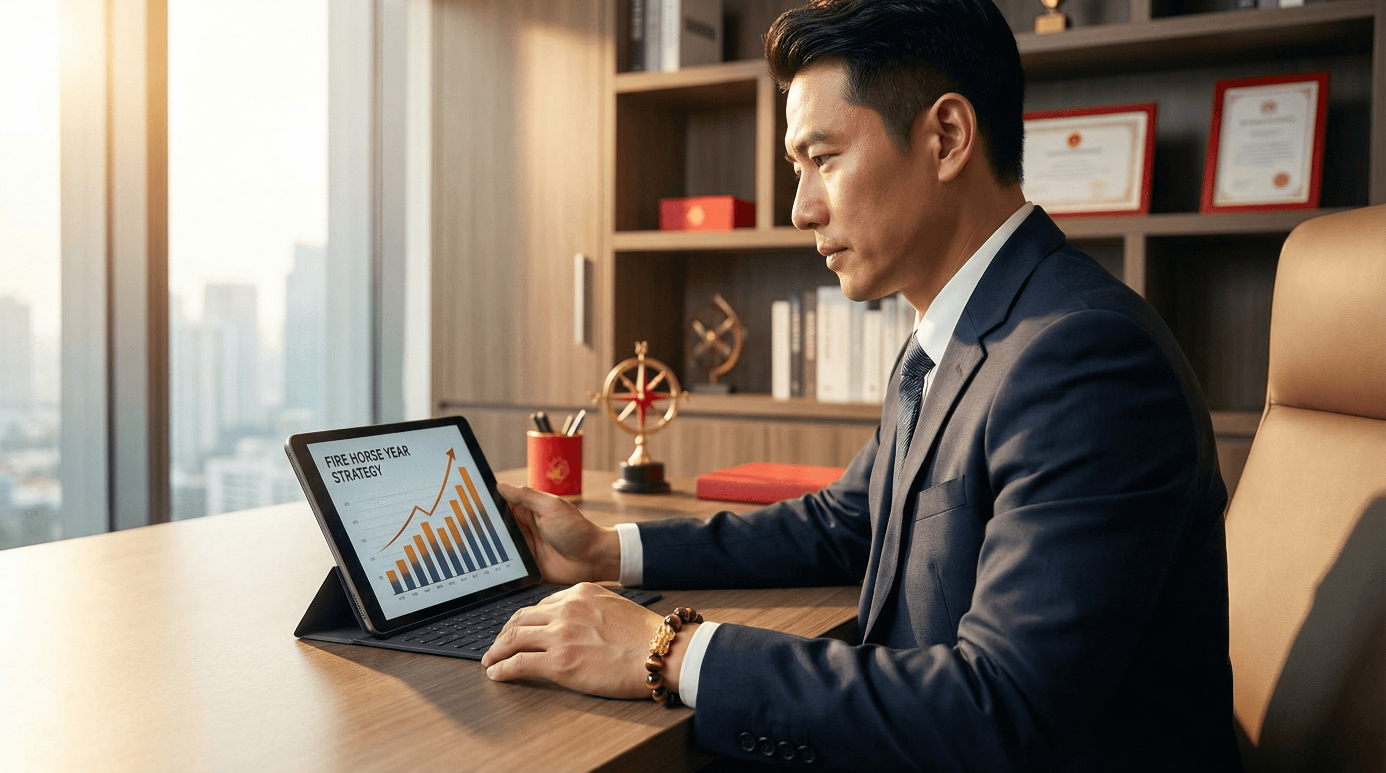 A professional Dragon zodiac individual in a modern office looking at growth charts with a Tiger's Eye Pixiu bracelet on their wrist.