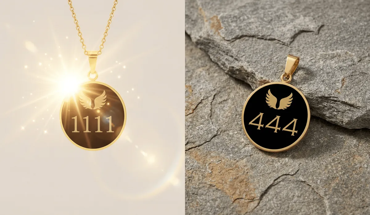 Visual comparison between 1111 manifestation jewelry and 444 protection jewelry.