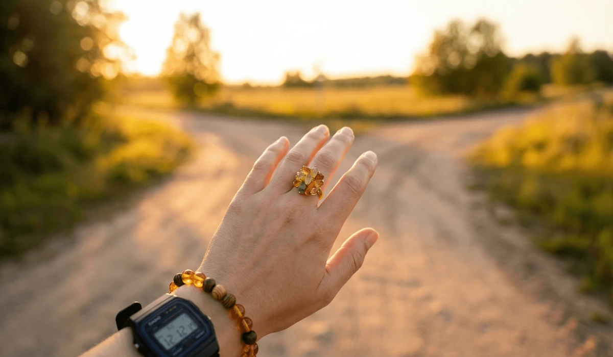 A person wearing a Citrine spiritual crystal for abundance while seeing 12:12 on a watch, symbolizing a career transition.