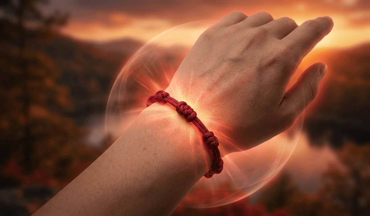 Artistic depiction of a 7-knot red string bracelet emitting a protective glowing light aura representing Root Chakra energy and spiritual shielding.