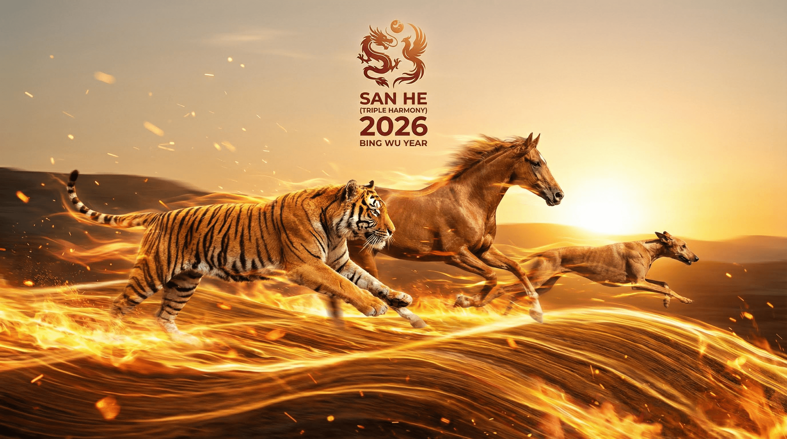 A Tiger, Horse, and Dog running together across a landscape of fire, representing the San He Triple Harmony triad in 2026.