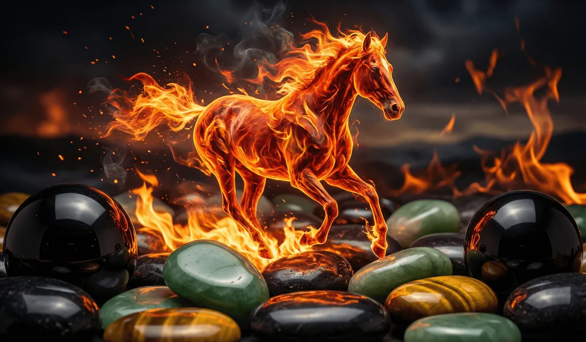 The 2026 Year of the Fire Horse transition with protective Feng Shui crystals like Black Obsidian and Jade for energy balance.