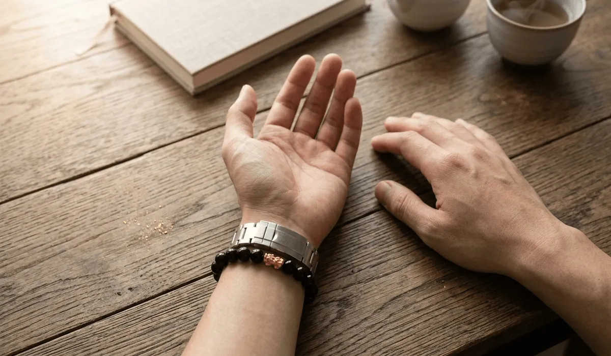 Feng Shui compliant styling of a spiritual bracelet and watch on the left receptive hand for energy absorption.