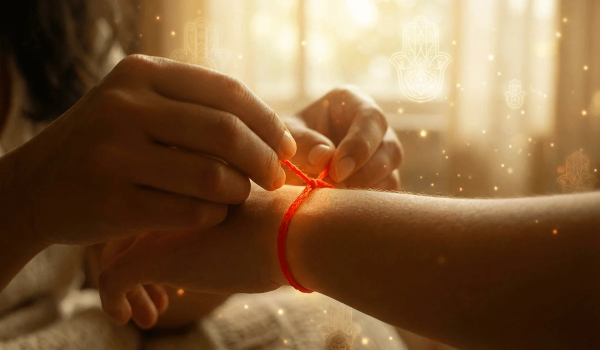 A close-up of a traditional red string bracelet on a wrist, symbolizing spiritual protection and the red thread of fate.