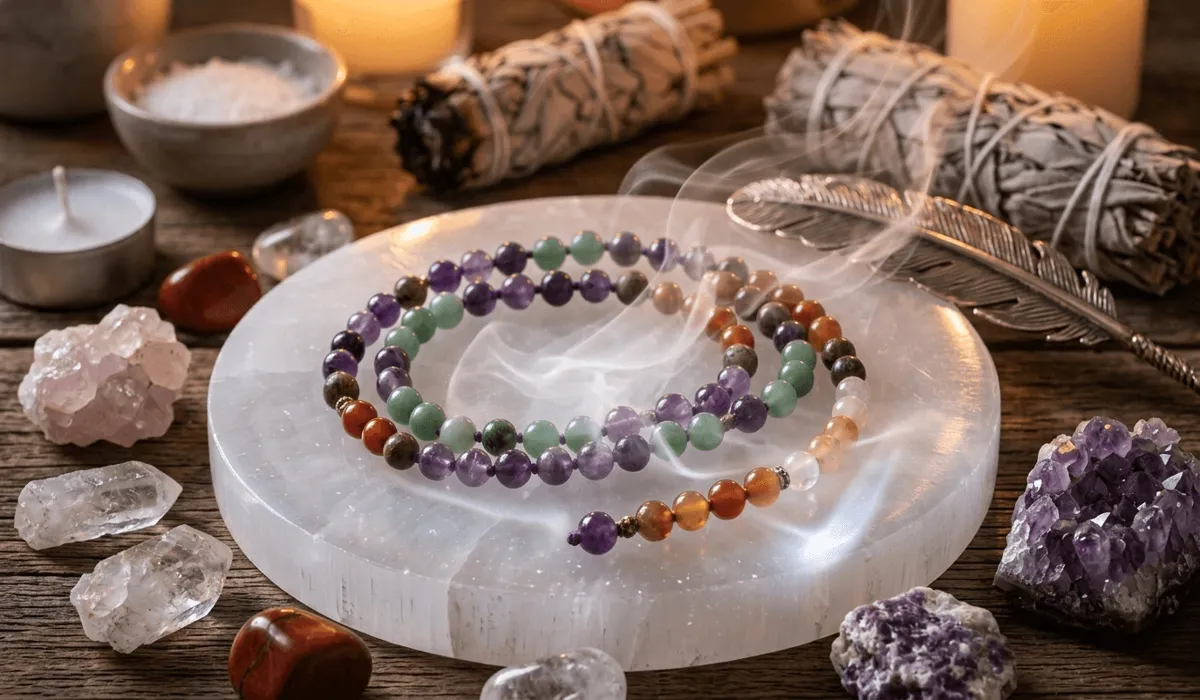 A gemstone mala being cleansed with sage smoke on a selenite plate to restore its spiritual energy.