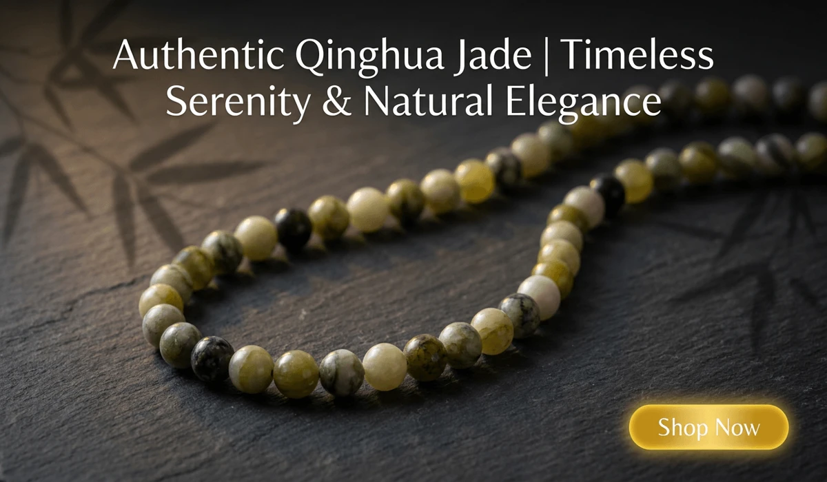 Qinghua Jade Beads Necklace featured in a serene luxury background with a Shop Now button