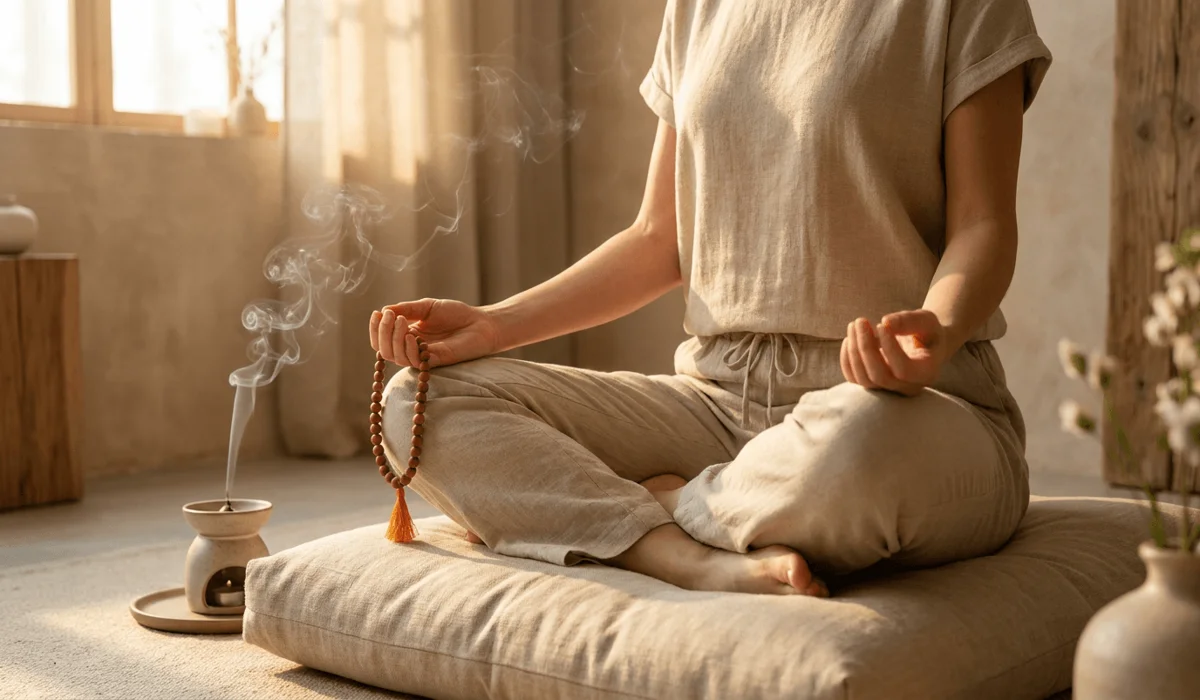 Meditation practitioner holding sandalwood prayer beads in lotus pose for mindfulness and spiritual grounding.