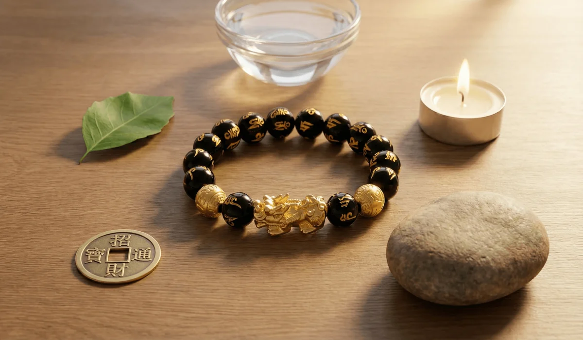 A black obsidian Feng Shui bracelet with a gold Pixiu charm surrounded by symbols of the Five Elements on a wooden background.