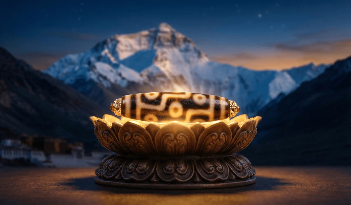 A 9-eye Tibetan Dzi bead symbolizing wisdom and spiritual protection with a Himalayan mountain background.
