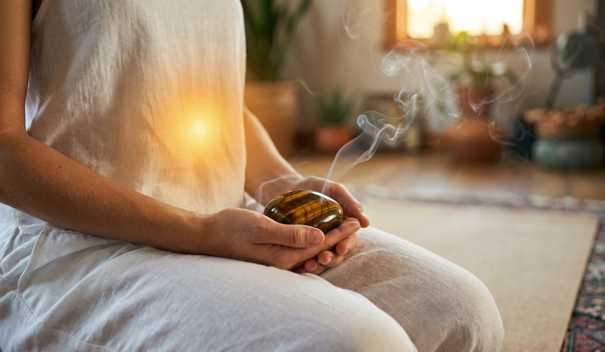 A person meditating with a Tiger&rsquo;s Eye stone to balance the Solar Plexus chakra for personal power.