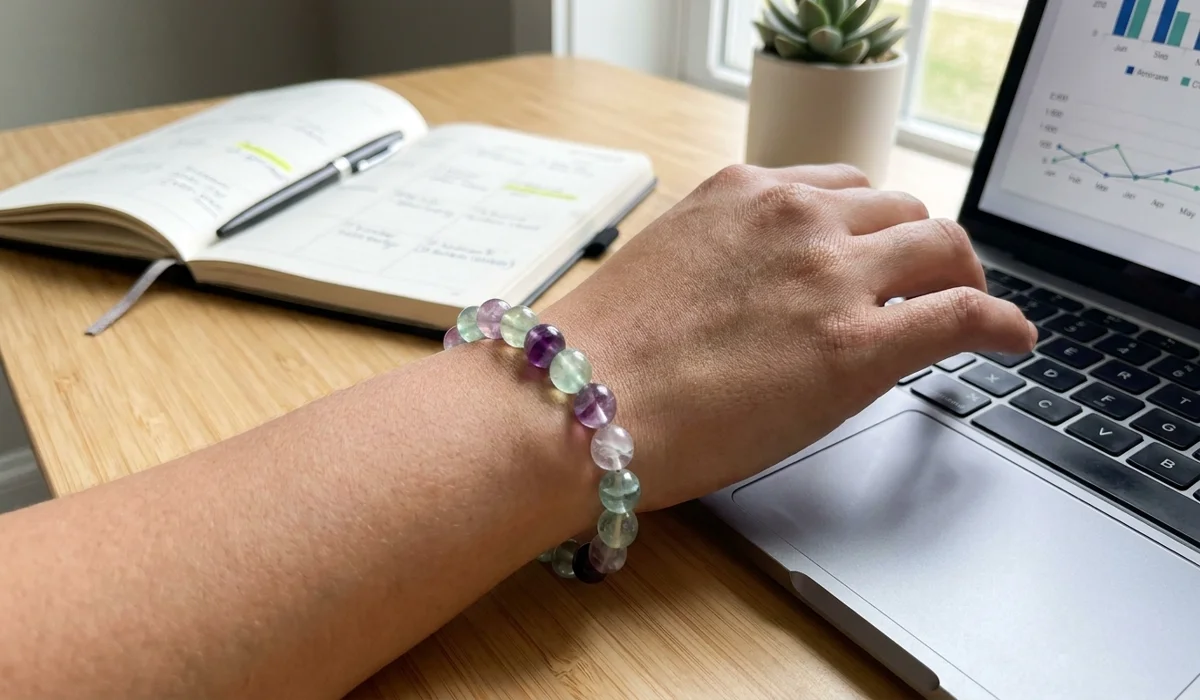 A person wearing a Rainbow Fluorite bracelet while working at a desk to enhance mental focus and concentration.