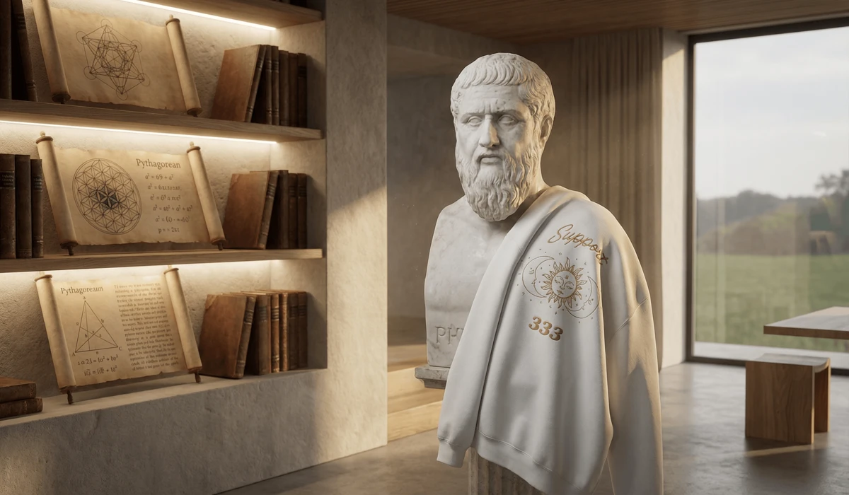 A minimalist white sweatshirt with gold 333 embroidery placed next to ancient Pythagorean geometry sketches and a marble bust, representing the ancient origins of angel numbers.