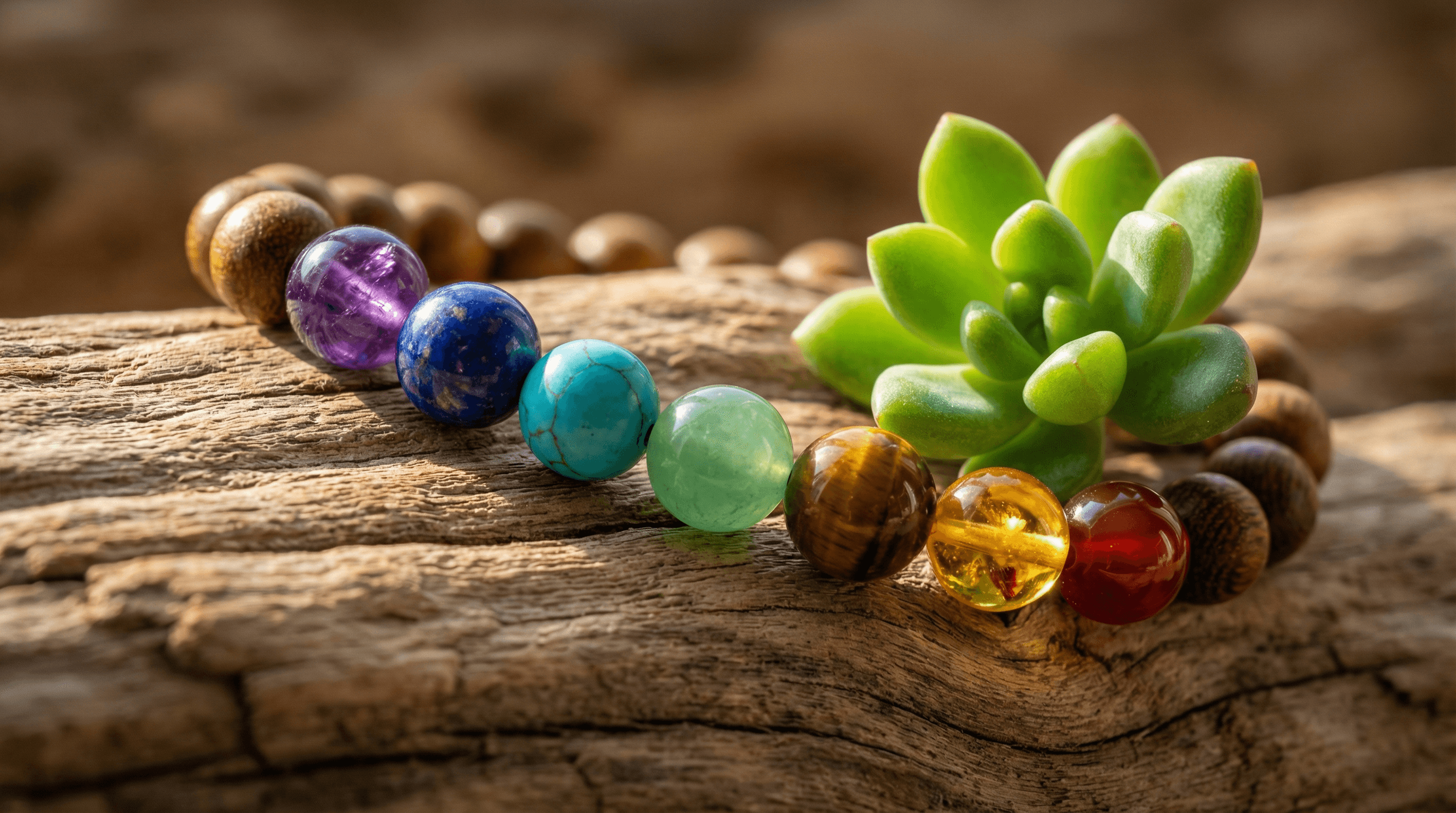 A 7 chakra bracelet featuring seven colorful gemstones representing energy alignment, resting on a wooden surface in natural light.