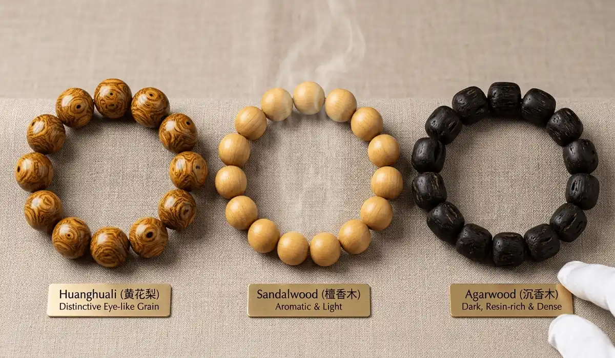 Visual comparison between Huanghuali, Sandalwood, and Agarwood bracelets highlighting different wood grains and colors.
