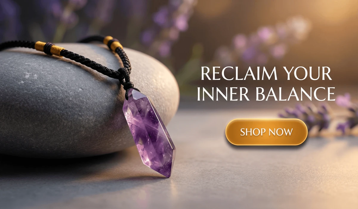 Amethyst Serenity Necklace with purple crystal point pendant, spiritual healing jewelry for balance and peace, premium amethyst stone necklace on black cord.