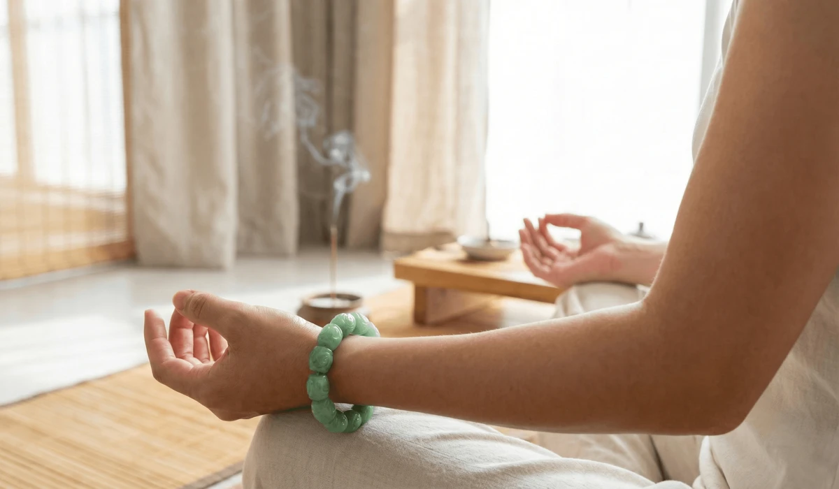 A person wearing a jade Feng Shui bracelet on the left wrist during a meditation and intention-setting practice.